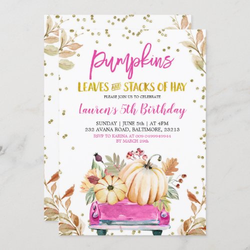 Pink Pumpkin Truck Birthday Invitation