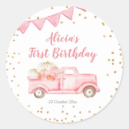 Pink Pumpkin Truck Birthday Sticker Label