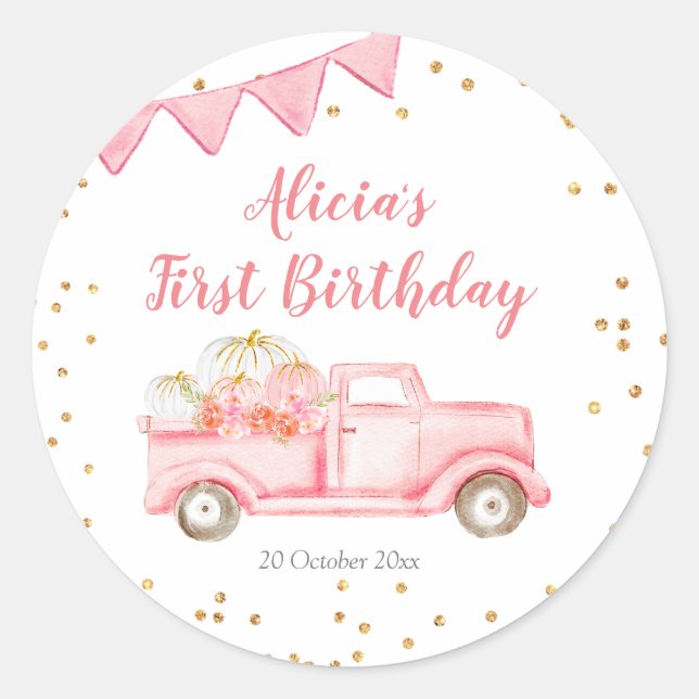 Pink Pumpkin Truck Birthday Sticker Label (Front)