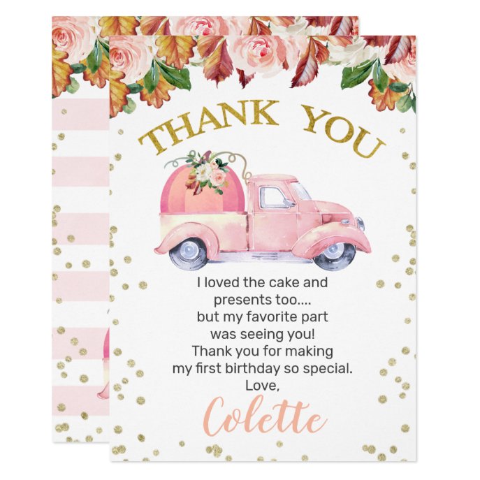 Pink pumpkin truck birthday thank you card