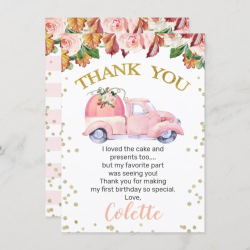 Pink pumpkin truck birthday thank you card
