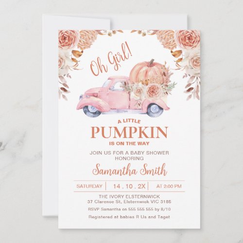 Pink Pumpkin Truck Boho Autumn Floral Baby Shower Invitation
