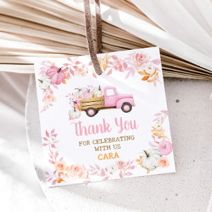Pink Pumpkin Truck Fall Birthday Square Favor Tags