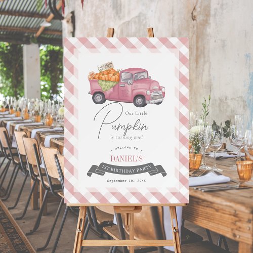 Pink Pumpkin Truck Gingham 1st Birthday Welcome Foam Board