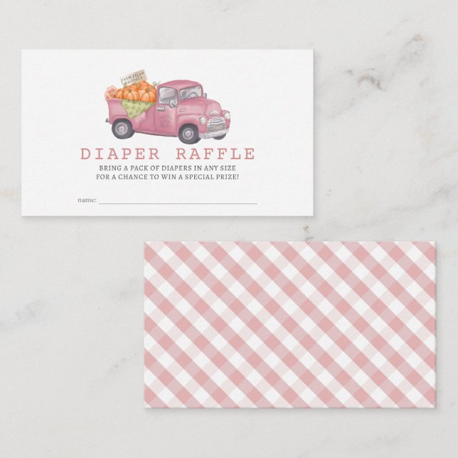 Pink Pumpkin Truck Gingham Diaper Raffle Ticket Enclosure Card (Front/Back)