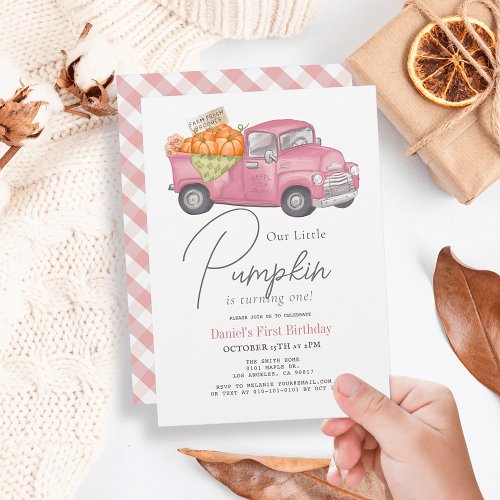 Pink Pumpkin Truck Gingham Girl 1st Birthday Invitation