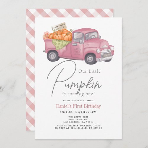 Pink Pumpkin Truck Gingham Girl 1st Birthday Invitation