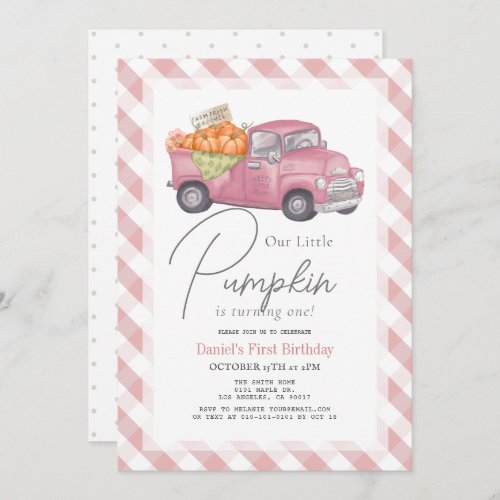 Pink Pumpkin Truck Gingham Girl 1st Birthday Invitation