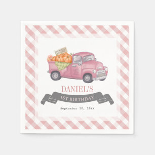 Pink Pumpkin Truck Gingham Girl 1st Birthday Napkins