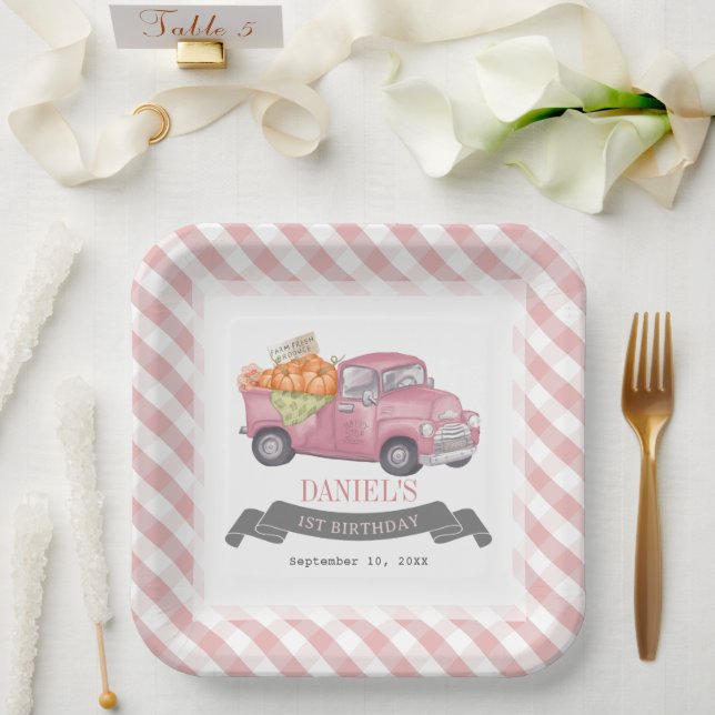 Pink Pumpkin Truck Gingham Girl 1st Birthday Paper Plates (Wedding)