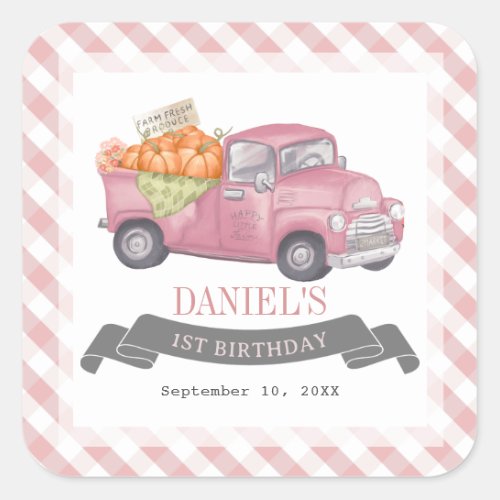 Pink Pumpkin Truck Gingham Girl 1st Birthday Square Sticker