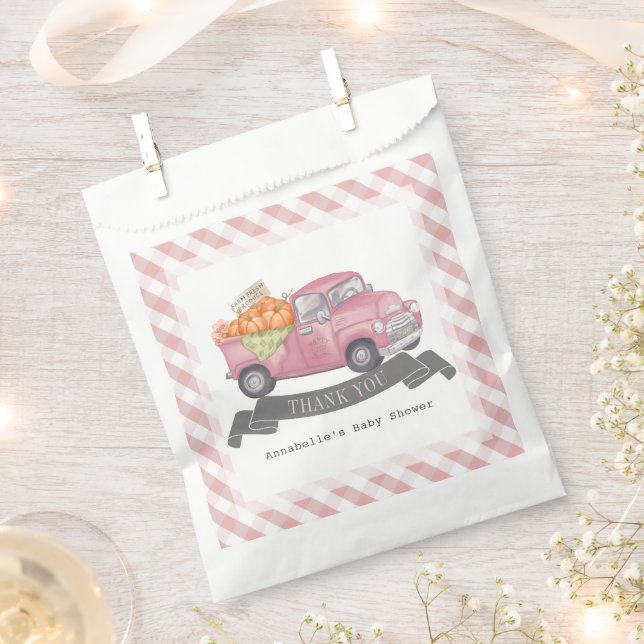 Pink Pumpkin Truck Gingham Girl Baby Shower Favor Bag (Clipped)