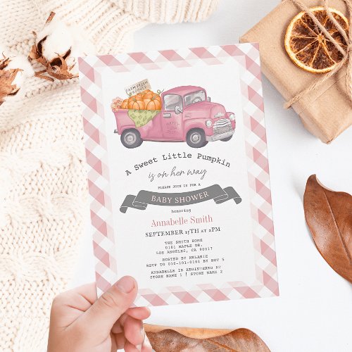 Pink Pumpkin Truck Gingham Girl Baby Shower Invitation