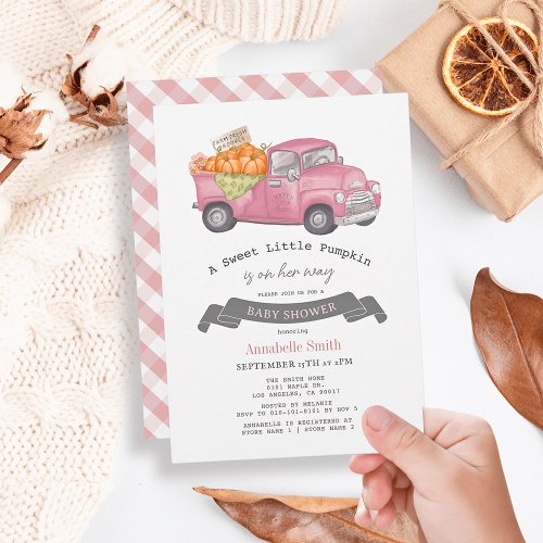 Pink Pumpkin Truck Gingham Girl Baby Shower Invitation