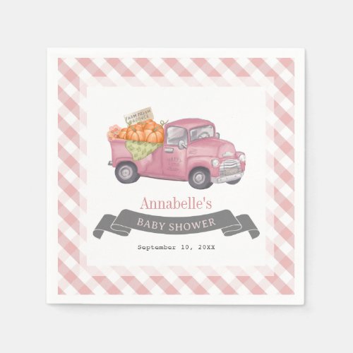 Pink Pumpkin Truck Gingham Girl Baby Shower Napkins