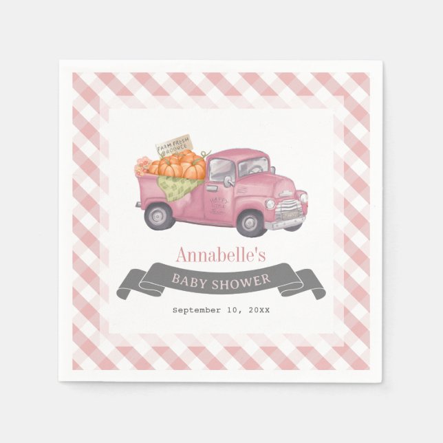 Pink Pumpkin Truck Gingham Girl Baby Shower Napkins (Front)
