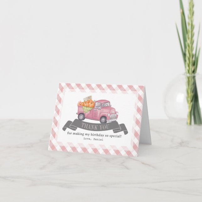 Pink Pumpkin Truck Gingham Girl Birthday Thank You Card (Front)