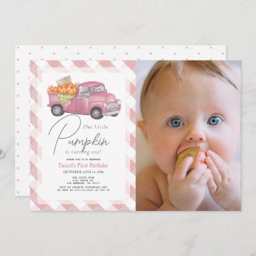 Pink Pumpkin Truck Gingham Girl Photo 1st Birthday Invitation