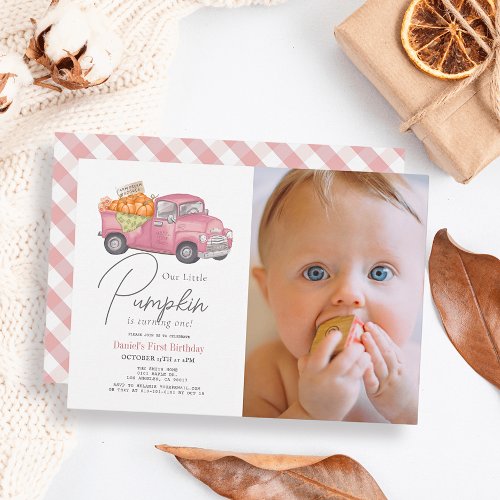 Pink Pumpkin Truck Gingham Girl Photo 1st Birthday Invitation