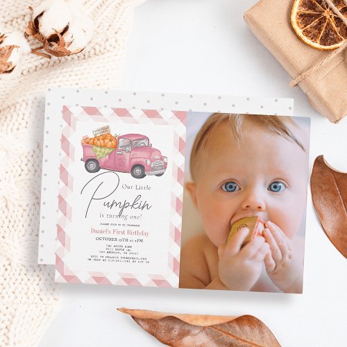 Pink Pumpkin Truck Gingham Girl Photo 1st Birthday Invitation