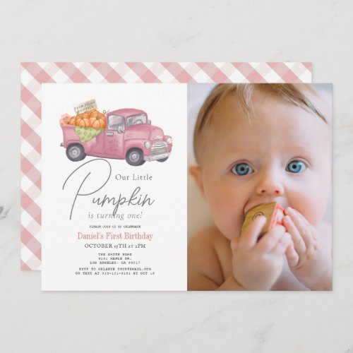 Pink Pumpkin Truck Gingham Girl Photo 1st Birthday Invitation