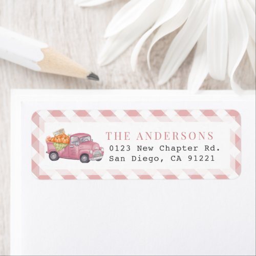 Pink Pumpkin Truck Gingham Return Address Label