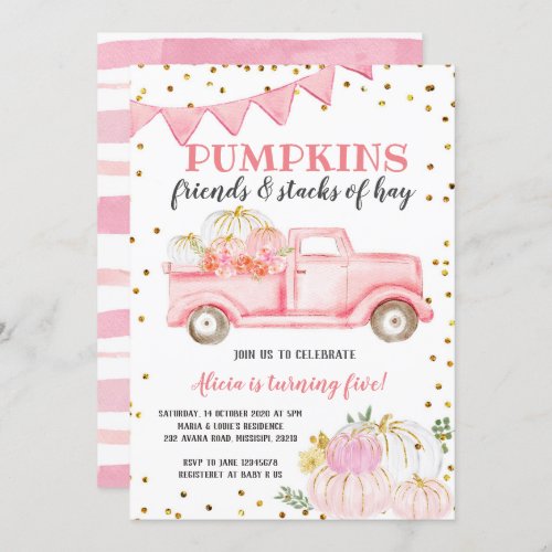 Pink Pumpkin Truck Girl Birthday Invitation