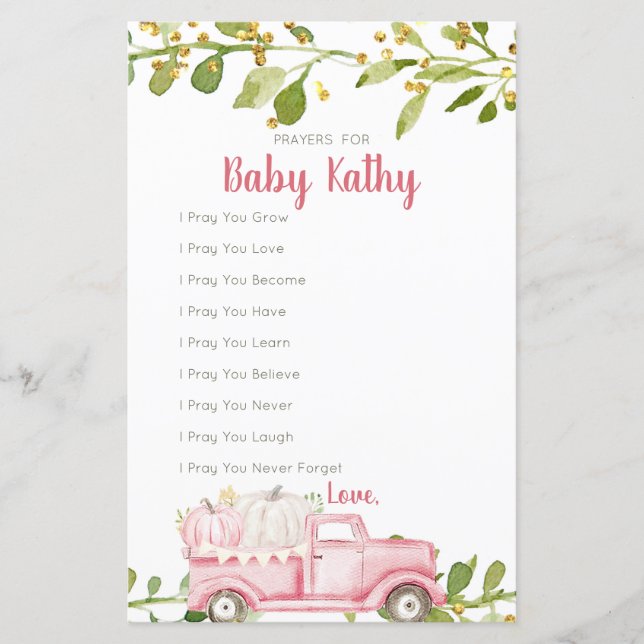 Pink Pumpkin Truck Love Prayers for Baby Sign (Front)