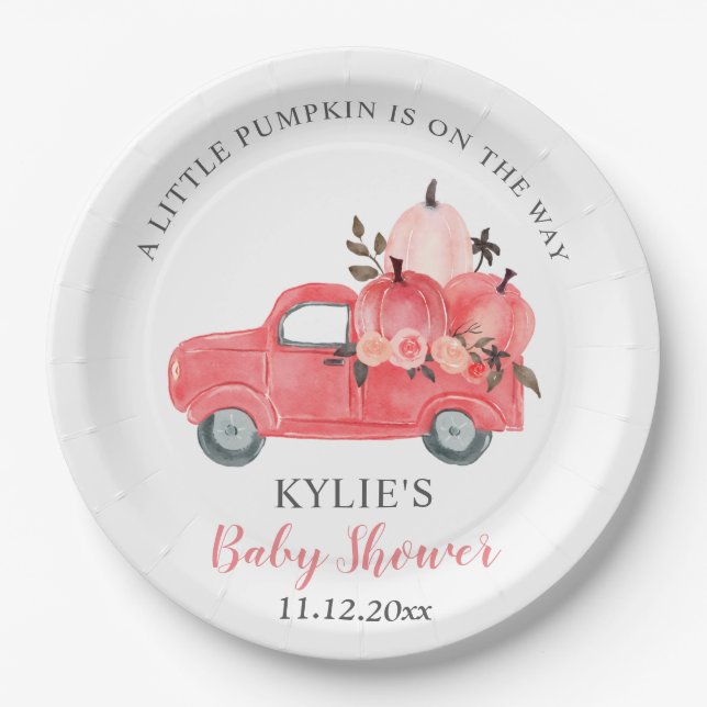 Pink Pumpkin Truck Roses | Baby Shower Paper Plates (Front)
