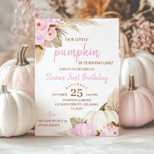 Pink Pumpkin Turning One Birthday Invitation