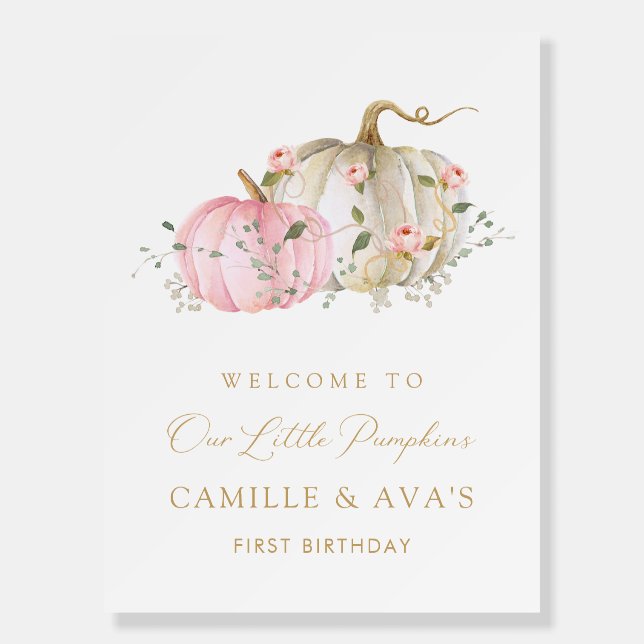 Pink Pumpkin Twins Birthday Welcome Foam Board (Front)