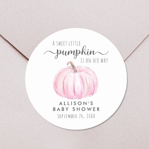 Pink Pumpkin Watercolor Baby Girl Shower Classic Round Sticker