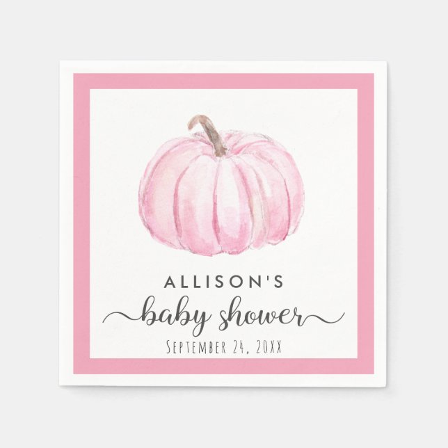 Pink Pumpkin Watercolor Baby Girl Shower Napkins (Front)