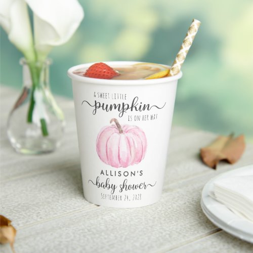Pink Pumpkin Watercolor Baby Girl Shower Paper Cups