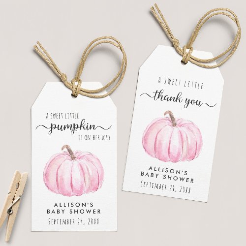 Pink Pumpkin Watercolor Baby Girl Shower Thank You Gift Tags