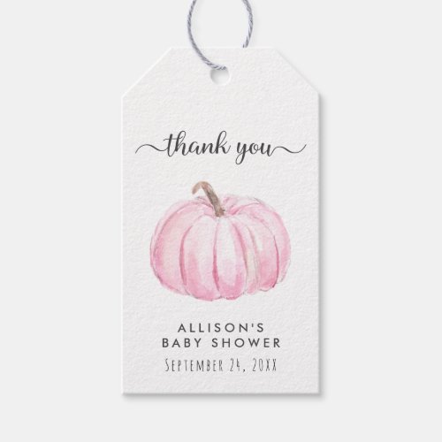 Pink Pumpkin Watercolor Baby Girl Shower Thank You Gift Tags