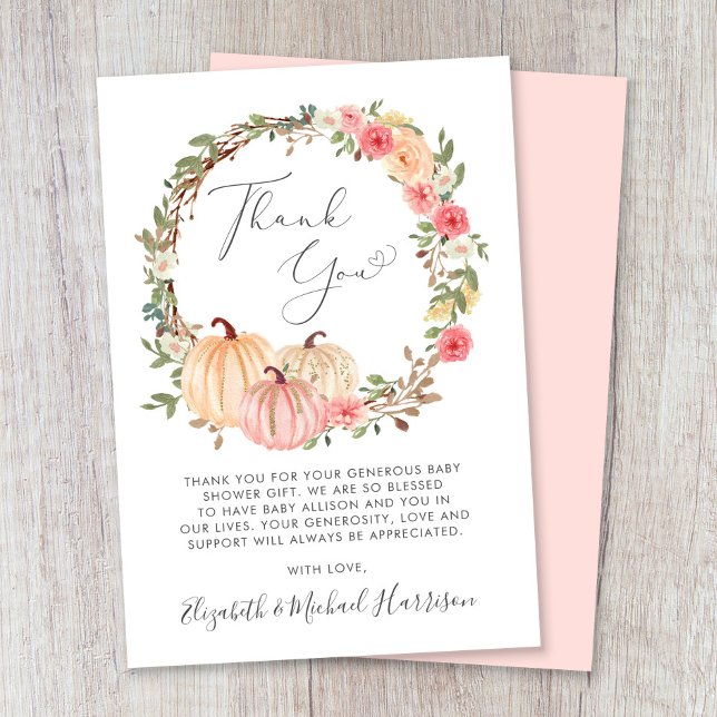 Pink Pumpkin Watercolor Baby Shower Thank You Card (Creator Uploaded)