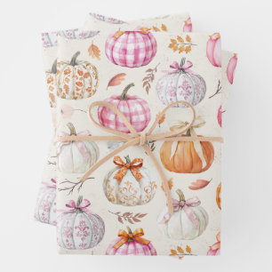 Pink Pumpkin Watercolor Fall Coquette Pattern Wrapping Paper Sheets