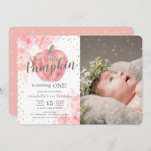 Pink Pumpkin Watercolor Girl Photo 1st Birthday Invitation