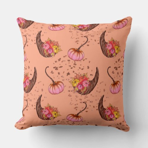Pink Pumpkin with Autumn Leaves and Horns Throw Pillow