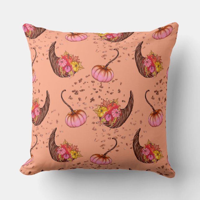Pink Pumpkin with Autumn Leaves and Horns Throw Pillow (Front)