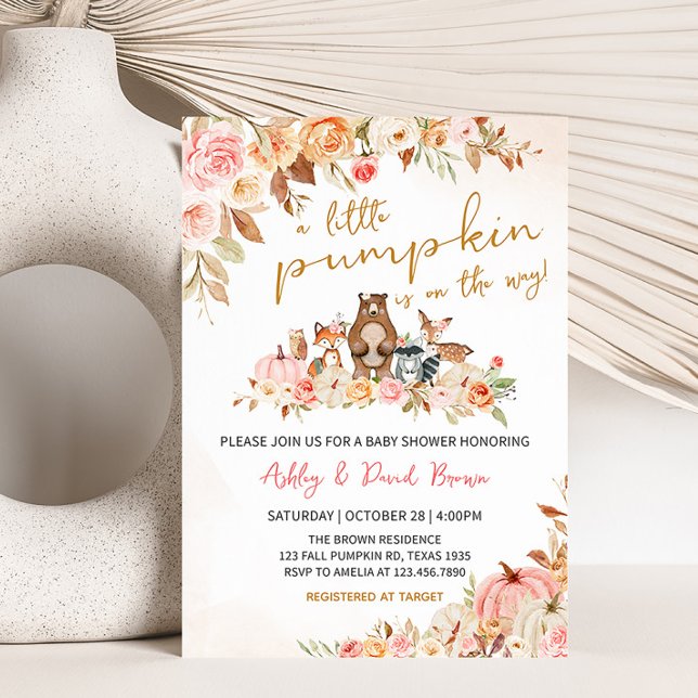 Pink Pumpkin Woodland Baby Shower  Invitation (Girl Fall Pumpkin Baby Shower Invitation)