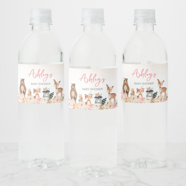 Pink Pumpkin Woodland Baby Shower  Water Bottle Label (Bottles)