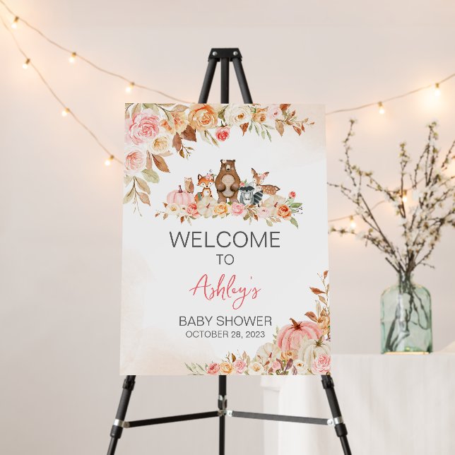 Pink Pumpkin Woodland Baby Shower Welcome Sign (In Situ (Stand))