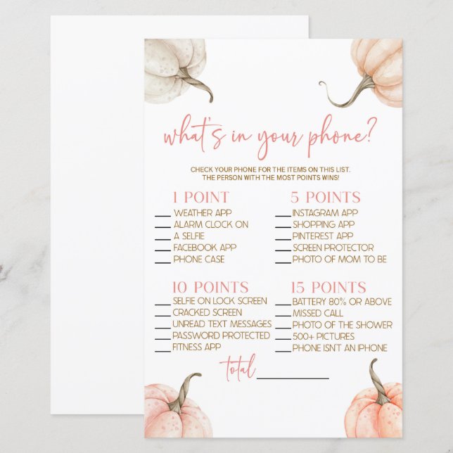 Pink Pumpkins Fall In Your Phone Baby Shower Game (Front/Back)
