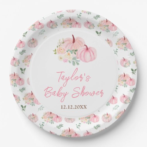 Pink Pumpkins Floral Baby Shower Paper Plates