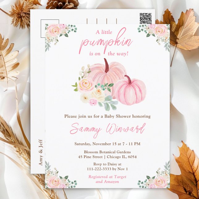 Pink Pumpkins Floral Baby Shower Postcard (Creator Uploaded)