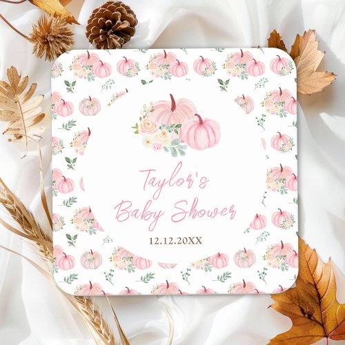 Pink Pumpkins Floral Baby Shower Square Paper Coaster