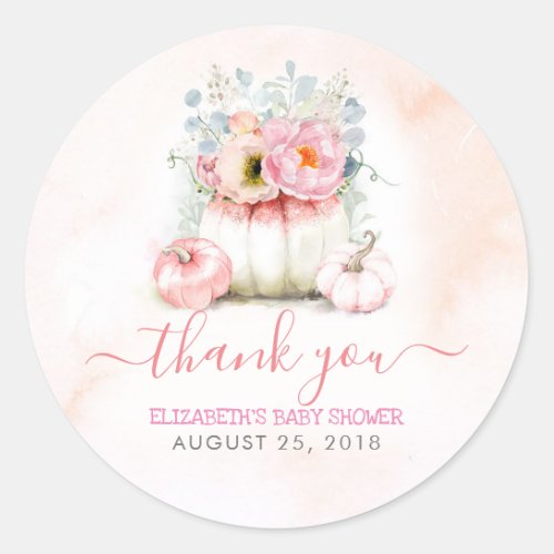 Pink Pumpkins Floral Fall Baby Shower Thank You Classic Round Sticker