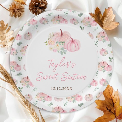 Pink Pumpkins Floral Sweet Sixteen Paper Plates